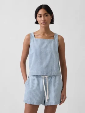 Ultramiękka, skrócona koszulka bez rękawów z paskami w stylu denim