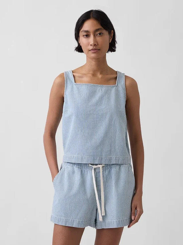 Ultramiękka, skrócona koszulka bez rękawów z paskami w stylu denim
