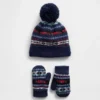 Zestaw czapki i rękawiczek dla niemowląt i Maluchów z motywem Fair Isle i pomponem