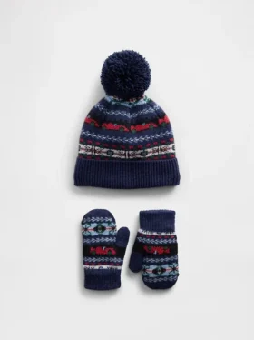 Zestaw czapki i rękawiczek dla niemowląt i Maluchów z motywem Fair Isle i pomponem